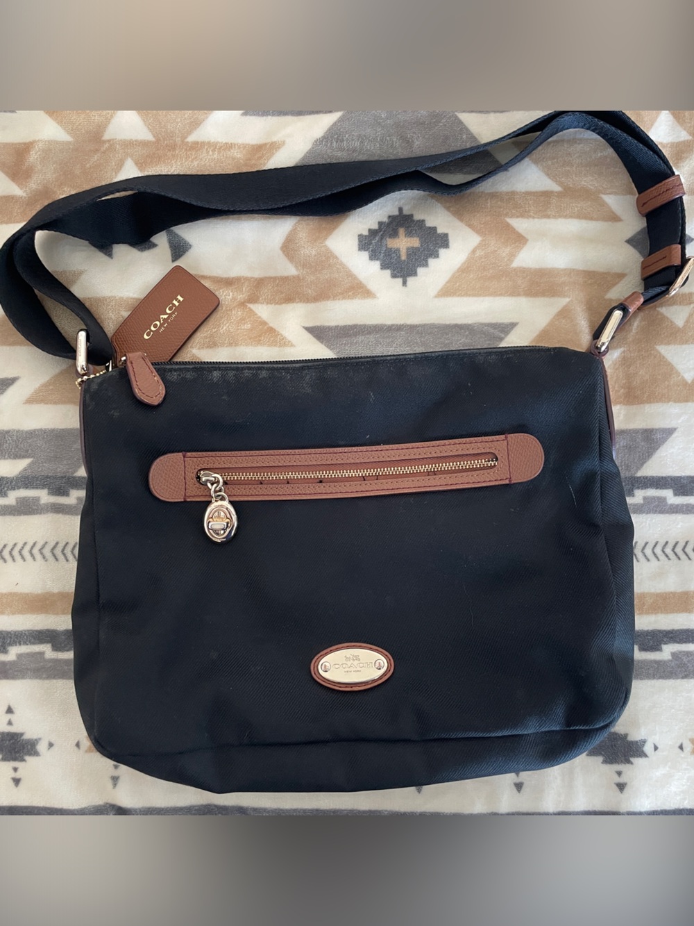 Coach Black Nylon Messenger Bag with Brown Leather Trim